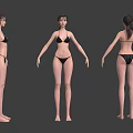 Woman in Black Bikini Three Quarter Front Side and Back Views Standing Pose