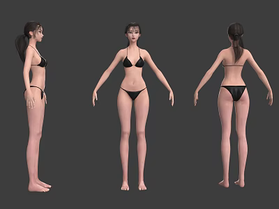 Woman in Black Bikini Three Quarter Front Side and Back Views Standing Pose 3d model