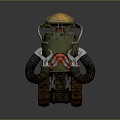 Retro Game Movie Robot Character With Green Body Orange Head Tracked Base Mechanical Claw Arms