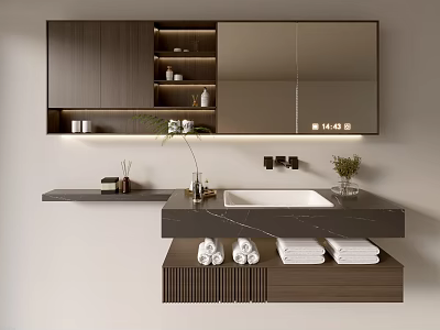Modern Wooden Bathroom Cabinet With Large Mirror Sink Countertop And Towel Storage 3d model