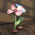 Floral Decoration With Two Large Pink White Blue Flowers Green Stems Leaves In Brown Pots