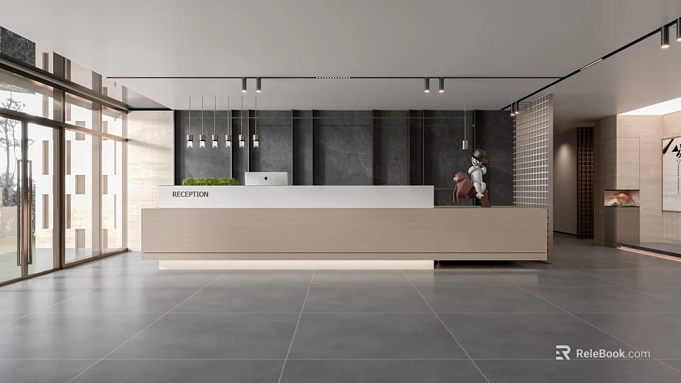 Modern Reception Area Design With Stylish Desk And Decorative Pendant Lighting 3d model 
