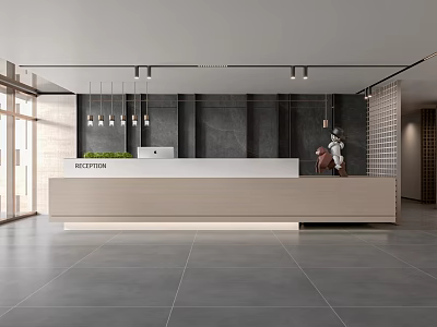 Modern Reception Area Design With Stylish Desk And Decorative Pendant Lighting 3d model