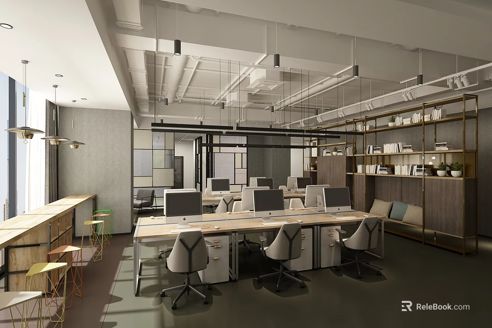 Modern Public Office Space With Open Layout Desks Computers And Bookshelves 3d model