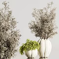Various Shaped Vases With White Flowers Green Plants And Slender Branches On Light Gray Background