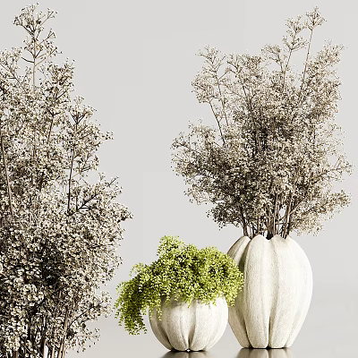 Various Shaped Vases With White Flowers Green Plants And Slender Branches On Light Gray Background 3d model