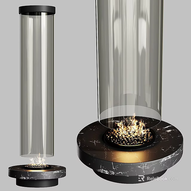 Modern Glass Enclosed Fireplace With Marble Base And Burning Flames Interior Design 3d model 