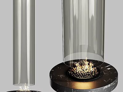 Modern Glass Enclosed Fireplace With Marble Base And Burning Flames Interior Design 3d model