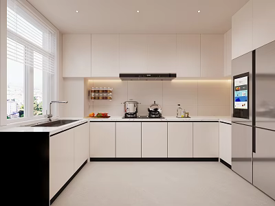 Modern Kitchen Interior With White Cabinets Black Countertop Window Range Hood And Stainless Steel Refrigerator 3d model