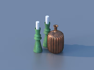 Stylish Decorative Ornament Set with Green Candle Holders White Candles and Copper Vase 3d model