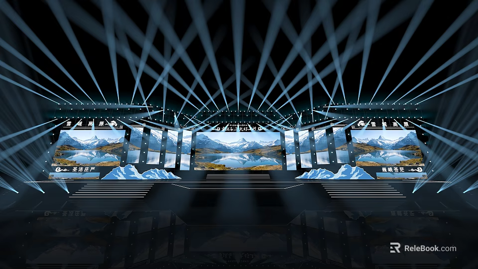 Modern Stage Design With Dynamic Lighting Large Screens And Mountain Backdrop 3d model 