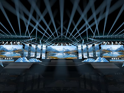 Modern Stage Design With Dynamic Lighting Large Screens And Mountain Backdrop 3d model