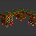 Traditional Red Wooden L Shaped Office Desk With Green Tabletop And Carved Drawer Details