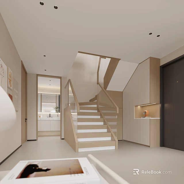 Modern Minimalist Living And Dining Room With Light Colored Wooden Staircase And Built In Cabinets 3d model 