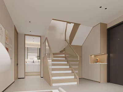 Modern Minimalist Living And Dining Room With Light Colored Wooden Staircase And Built In Cabinets 3d model