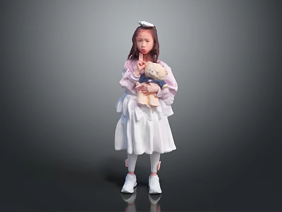 Cute Little Girl Wearing Pink Top And White Dress Holding Teddy Bear Against Gray Background 3d model