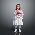 Cute Little Girl Wearing Pink Top And White Dress Holding Teddy Bear Against Gray Background