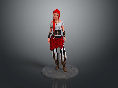 Game Movie Character With Red Hair White Top Black Belt Plaid Skirt And Striped Pants Boots 3d model