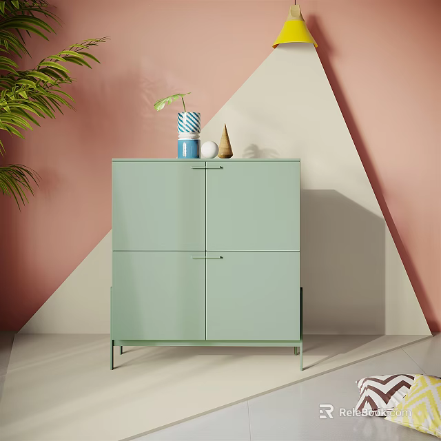 Light Green Cabinet with Decorative Vase Ornaments Against Pink Beige Geometric Walls and Potted Plant 3d model 