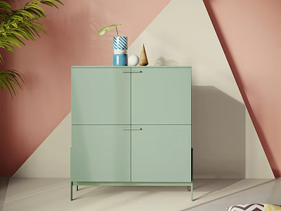 Light Green Cabinet with Decorative Vase Ornaments Against Pink Beige Geometric Walls and Potted Plant 3d model