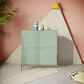 Light Green Cabinet with Decorative Vase Ornaments Against Pink Beige Geometric Walls and Potted Plant