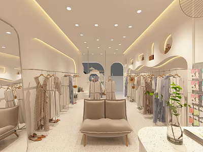 Modern Clothing Store Interior With Clothes Racks Mirrors Beige Sofa And Green Plant 3d model