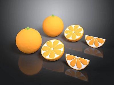 Juicy Whole Oranges And Sliced Pieces On Black Reflective Surface 3d model