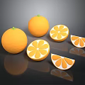Juicy Whole Oranges And Sliced Pieces On Black Reflective Surface