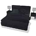 Modern Double Bed with Dark Upholstered Headboard Nightstands and Table Lamps