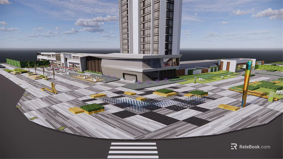 Modern Plaza Landscape With Geometric Paving Green Plants And Surrounding Buildings 3d model 