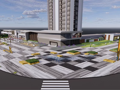 Modern Plaza Landscape With Geometric Paving Green Plants And Surrounding Buildings 3d model