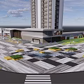 Modern Plaza Landscape With Geometric Paving Green Plants And Surrounding Buildings