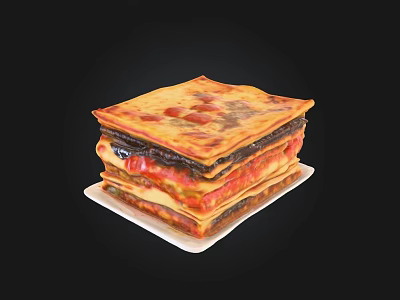 Layered Lasagna With Melted Cheese Tomato Sauce And Meat On White Plate 3d model