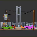 Modern Traffic Scene With Colorful Cars On Road And Metal Bridge Structure