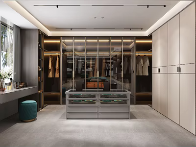 Modern Luxury Walk In Closet Interior With Glass Door Wardrobes Central Island And Drawers 3d model