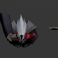 Horned Mythical Character With Red Black Attire And Ornate Golden Pink Decorative Sword