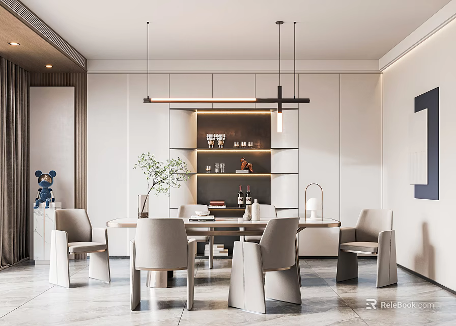 Modern Restaurant Interior With Beige Dining Table Chairs Pendant Lights And Decorative Shelves 3d model 
