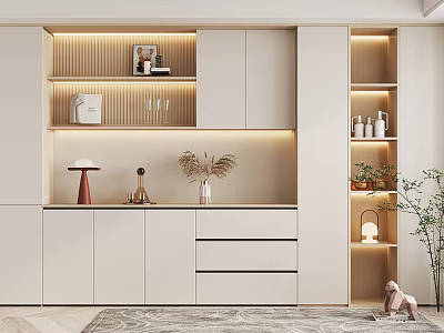Modern Wine Cabinet With Ambient Lighting Open Wooden Shelves And Decorative Pieces 3d model
