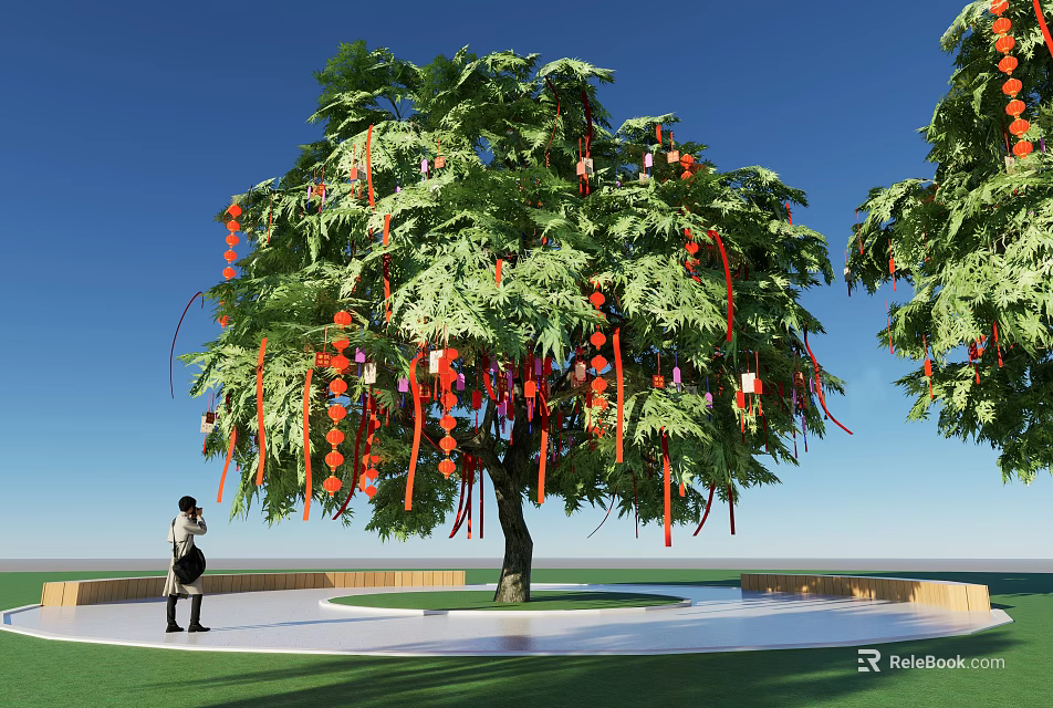 Lush Green Arbor With Red Hanging Decorations And Person Under Blue Sky 3d model 