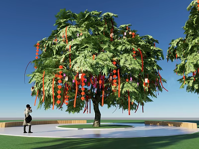 Lush Green Arbor With Red Hanging Decorations And Person Under Blue Sky 3d model