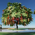 Lush Green Arbor With Red Hanging Decorations And Person Under Blue Sky
