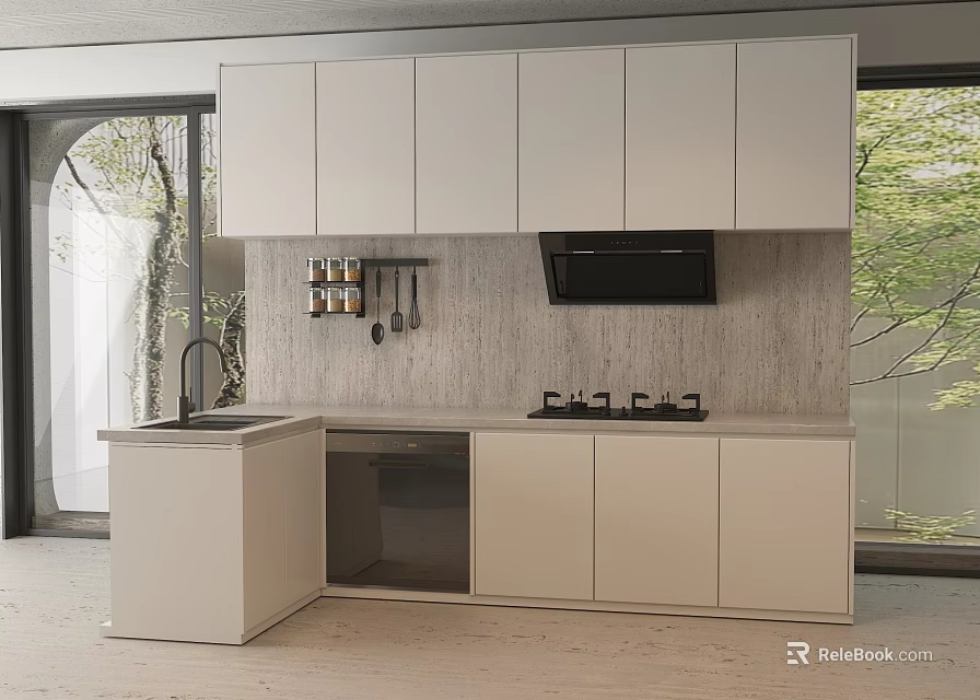 Modern White Kitchen Cabinets With Upper Lower Units And Light Countertops 3d model 