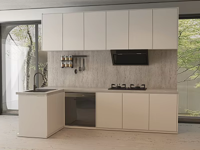 Modern White Kitchen Cabinets With Upper Lower Units And Light Countertops 3d model