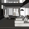 Modern Open Concept Dining Living Room Interior With White Sofa Dining Table And Minimalist Pendant Lighting