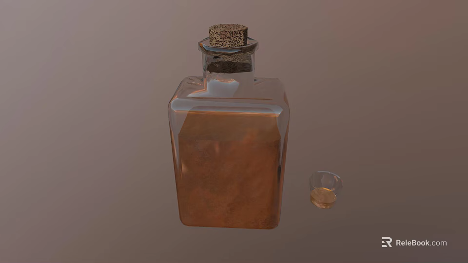 Square Glass Bottle With Cork Stopper Brown Liquid And Small Glass On Brown Background 3d model 