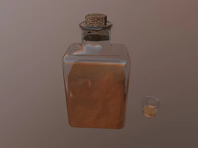 Square Glass Bottle With Cork Stopper Brown Liquid And Small Glass On Brown Background 3d model