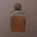 Square Glass Bottle With Cork Stopper Brown Liquid And Small Glass On Brown Background