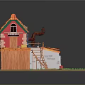 Handmade Model Cottage With Orange Roof Red Walls White Windows Wooden Staircase And Green Grass