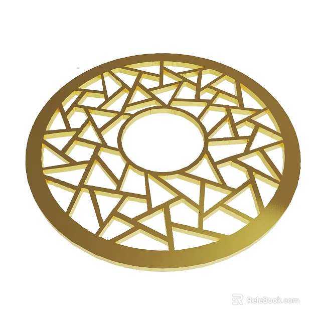 Circular Gold Decorative Metal Piece Featuring Intricate Geometric Cutout Pattern 3d model