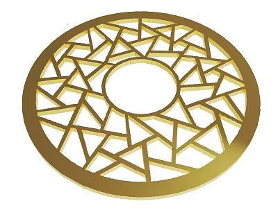 Circular Gold Decorative Metal Piece Featuring Intricate Geometric Cutout Pattern 3d model